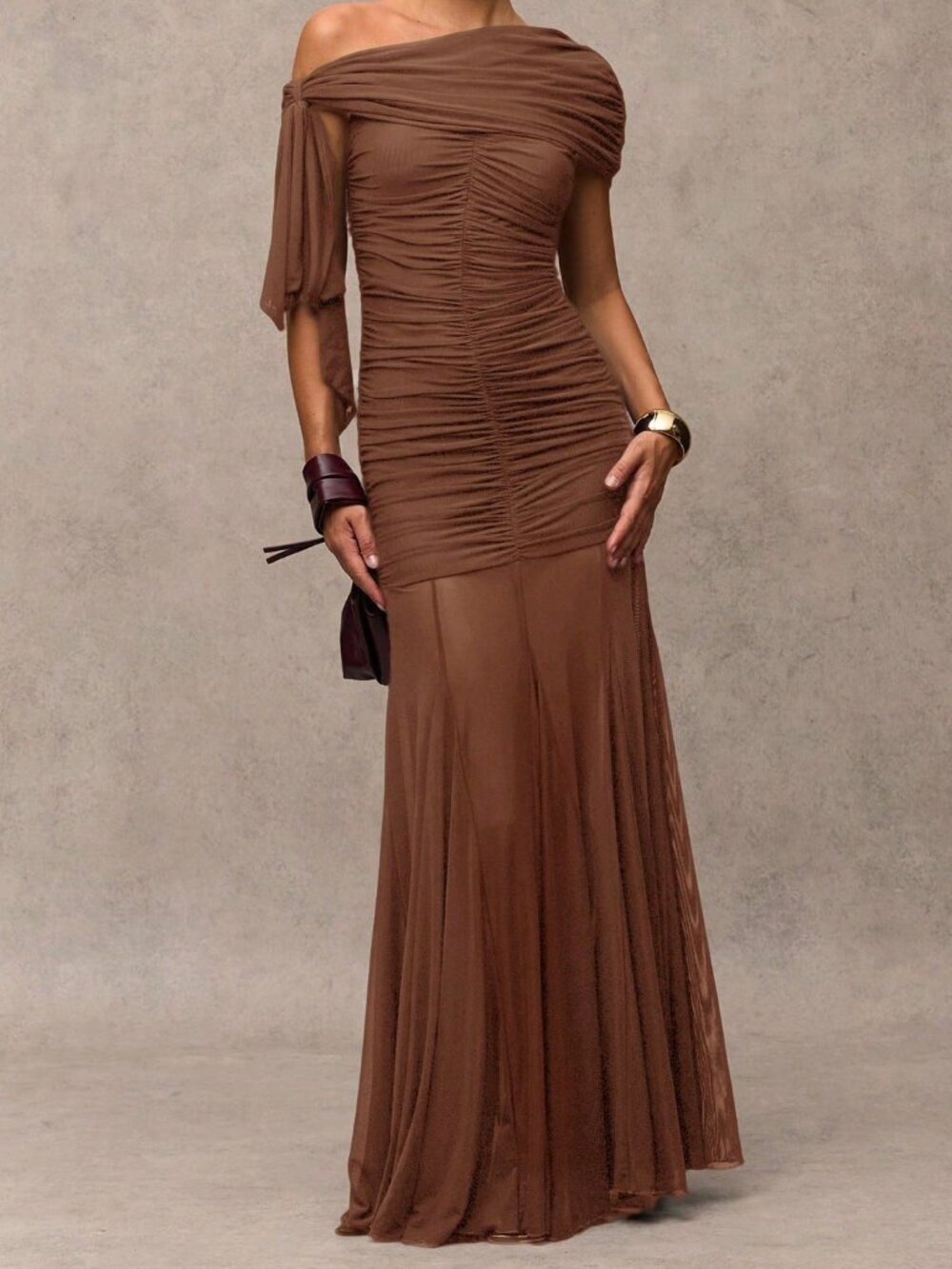 Brown Elegant Women's Ruched Asymmetric Long Dress - Picture 4 of 8